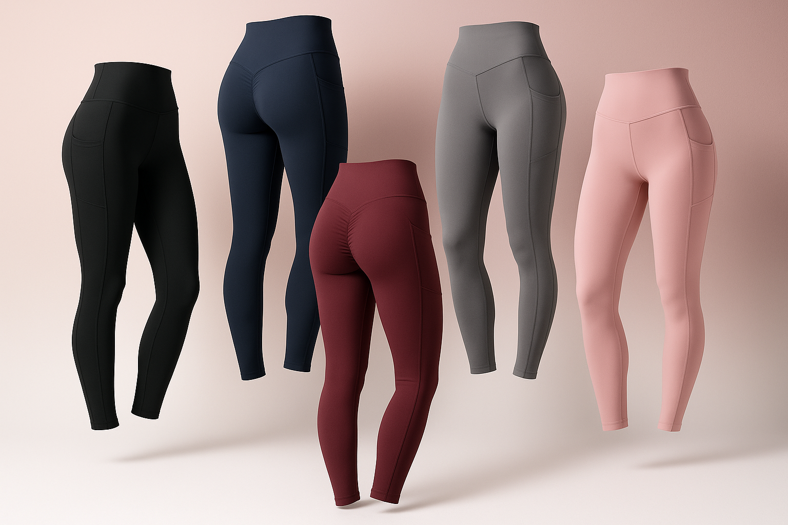 Five pairs of leggings in black, navy, red, gray, and pink on a light background