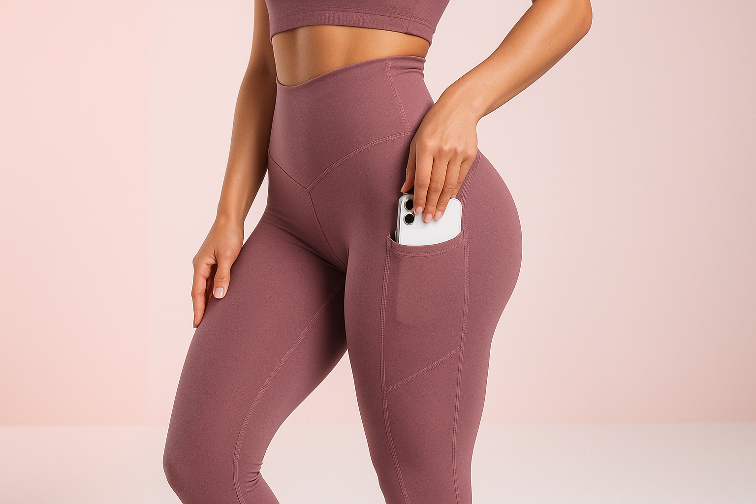Person wearing mauve leggings with a pocket, holding a phone on a pink background